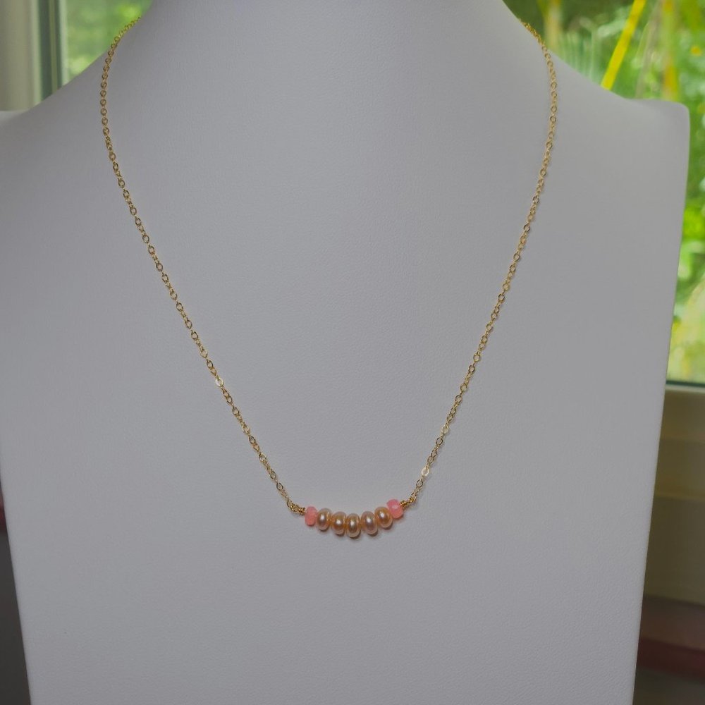 14K Gold Filled Champagne Pink Petite Pearls and Pink African Opal Necklace
